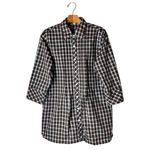 Foxcroft Shirt Women‎ 8 Brown White Plaid Pintuck Pleat Collared Button Down Top